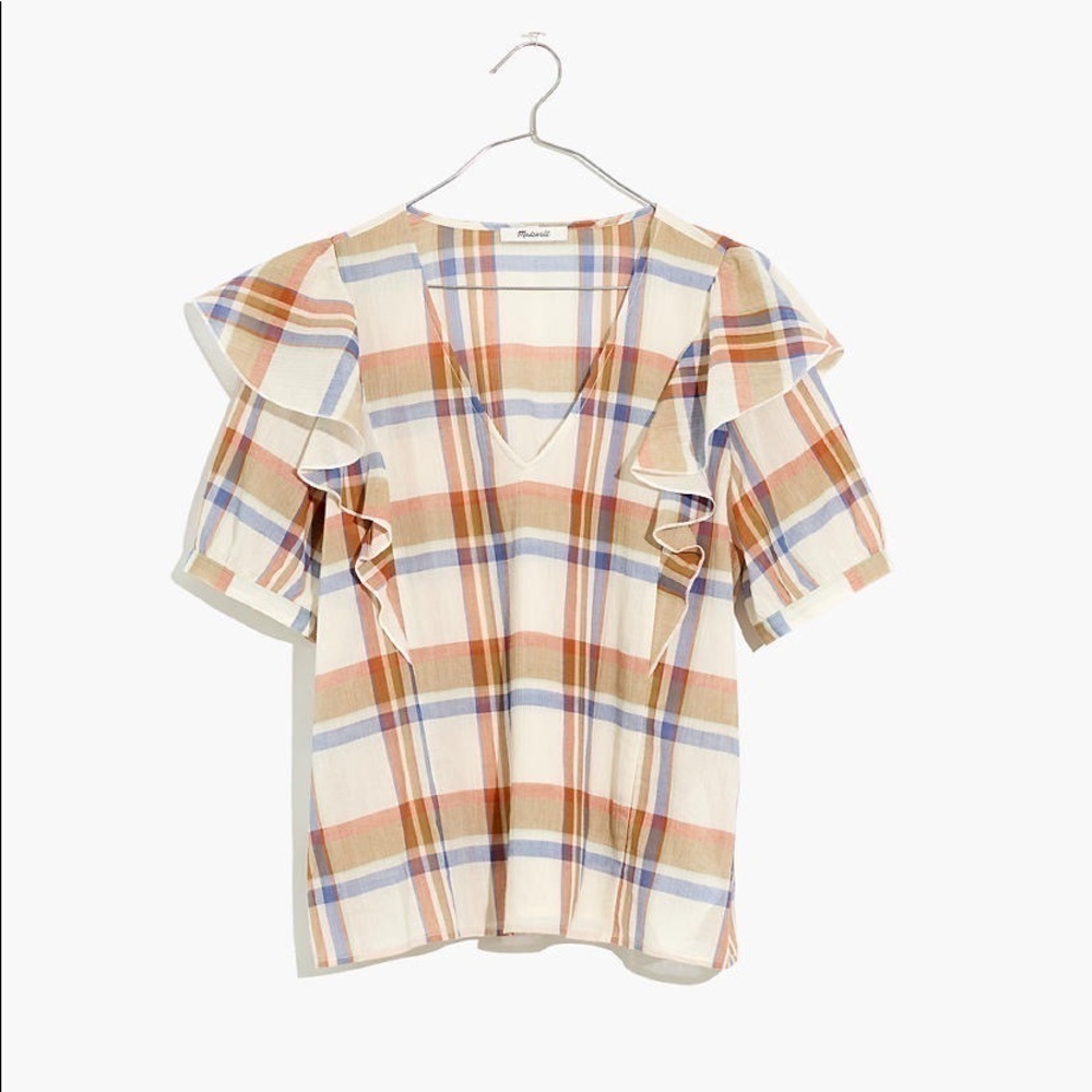 Madewell V-Neck Shoulder-Ruffle Top in Plaid womens XS